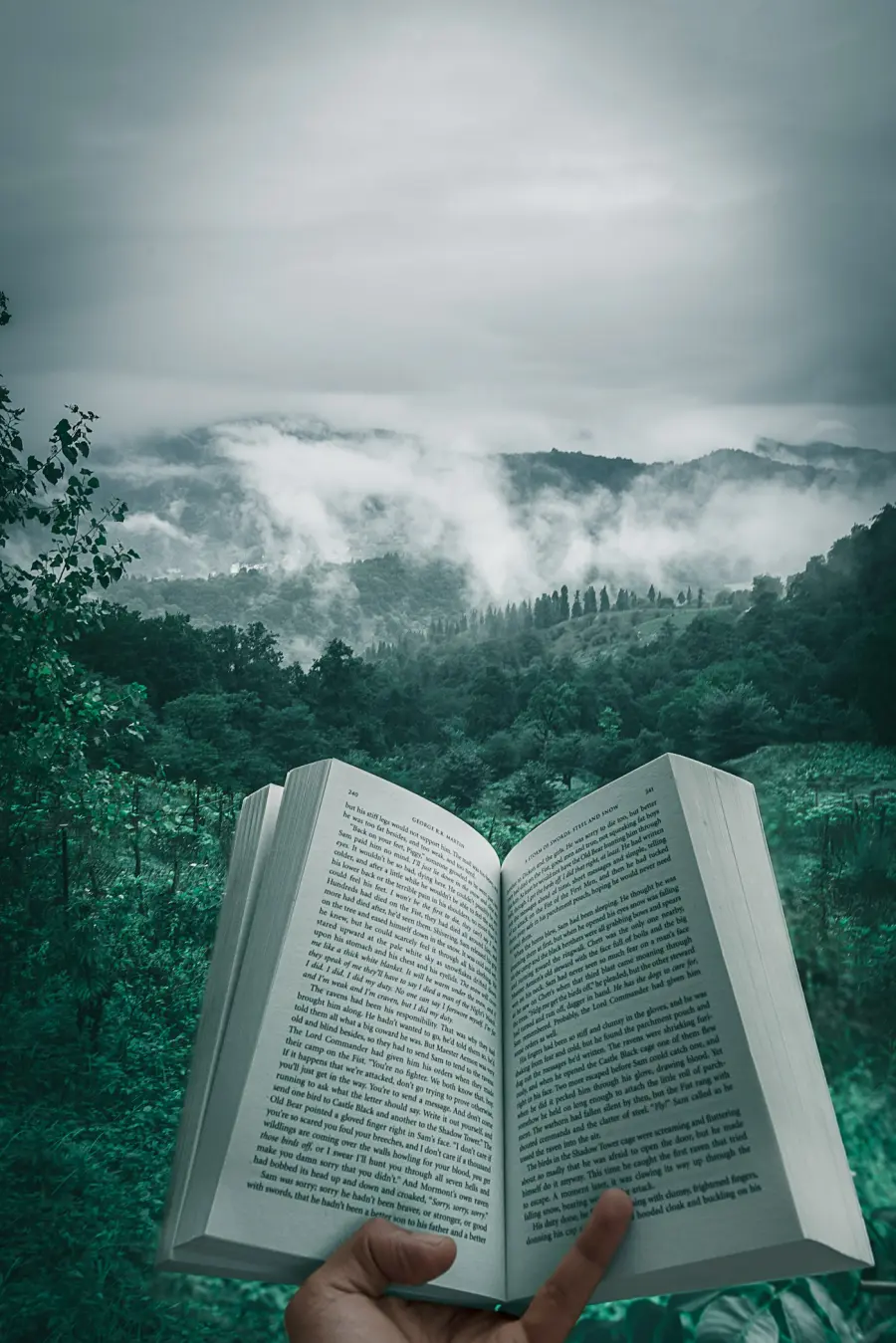 An open book held in front of a misty mountain landscape
