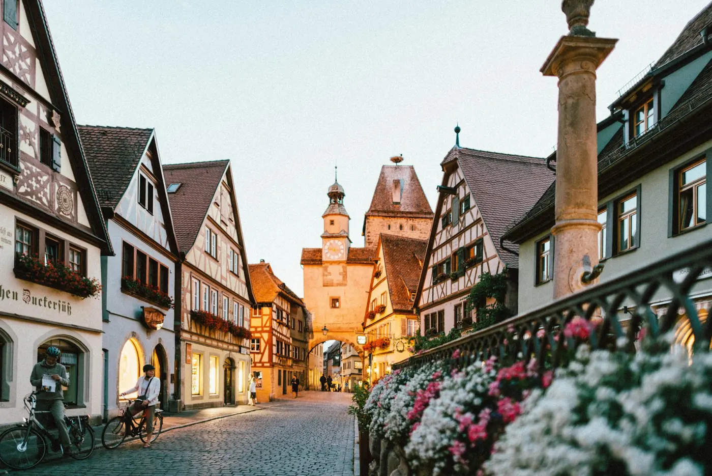 A flower-lined street in Rothenburg ob der Tauber, Germany